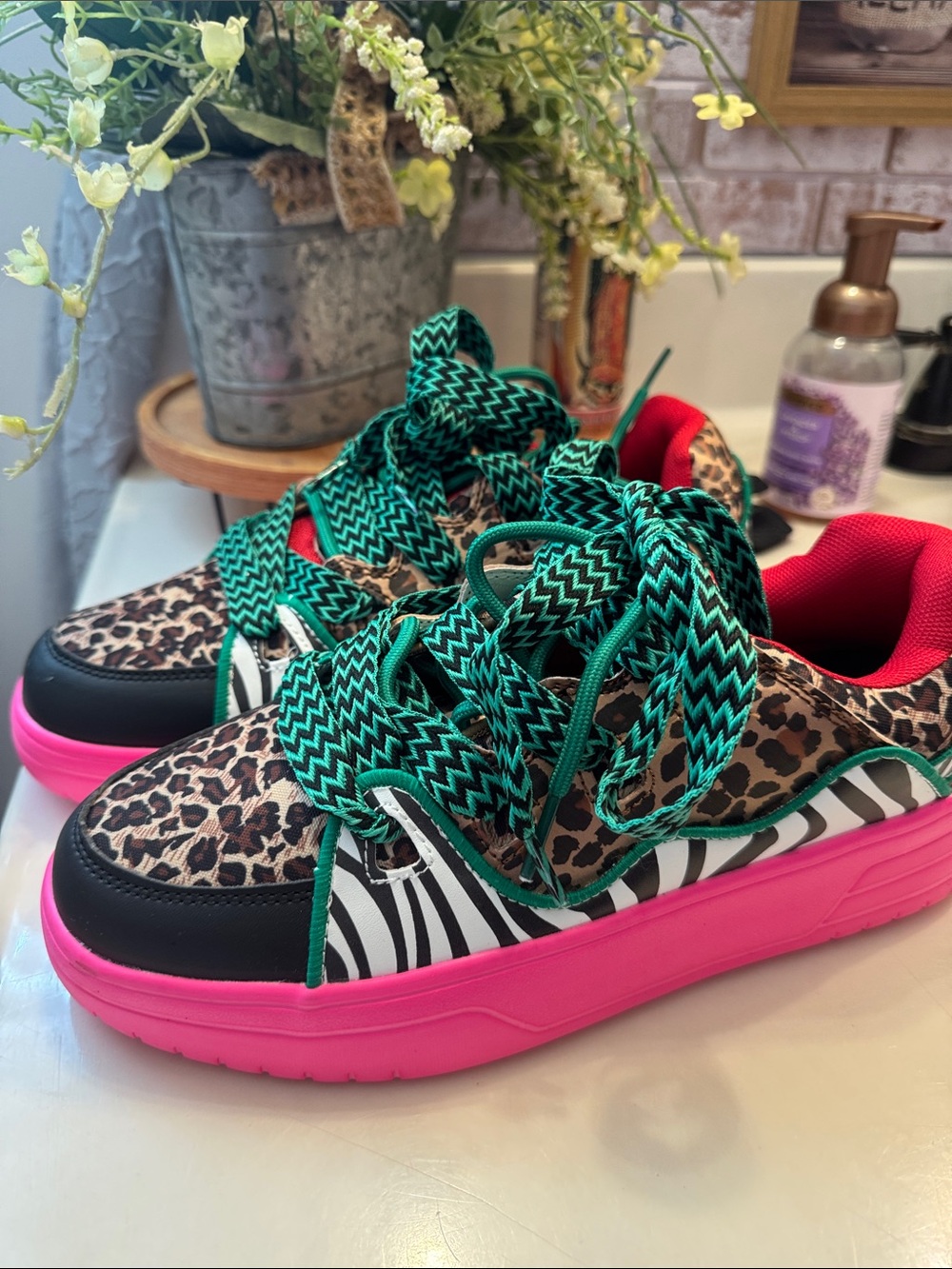 Womans Leopard & Zebra Print Sneakers with Pink Sole and Green Laces